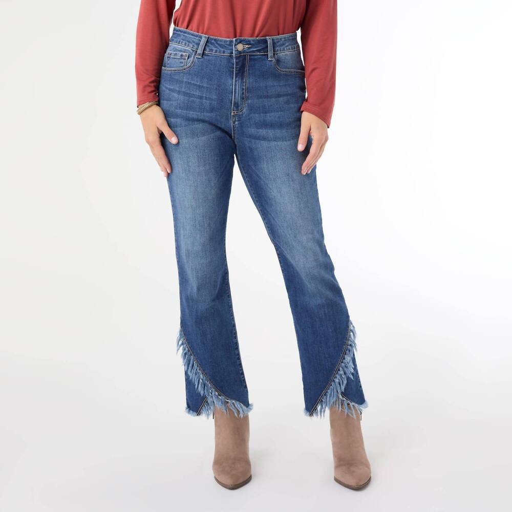 NEW COCO + CARMEN bambu soft straight ankle jean with crossover fringe bottom in